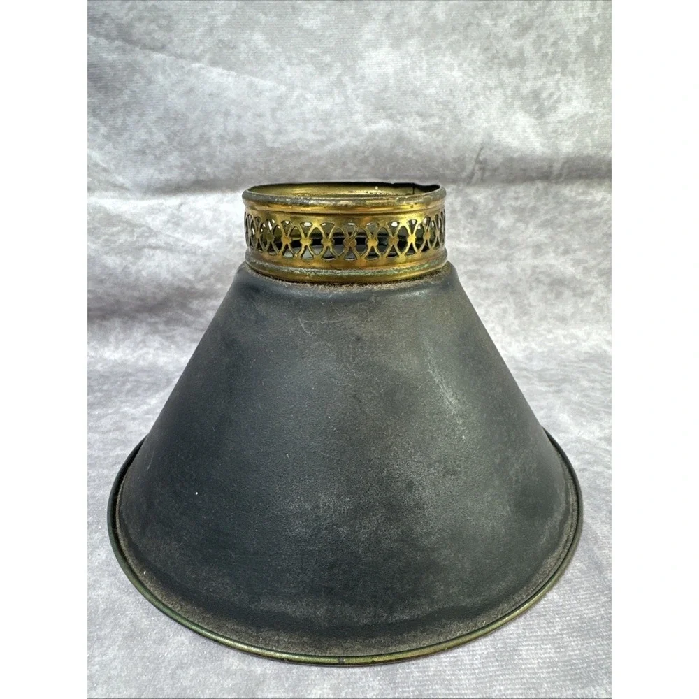 Vintage Black Metal Tole Lampshade Brass Filigree top 7.25